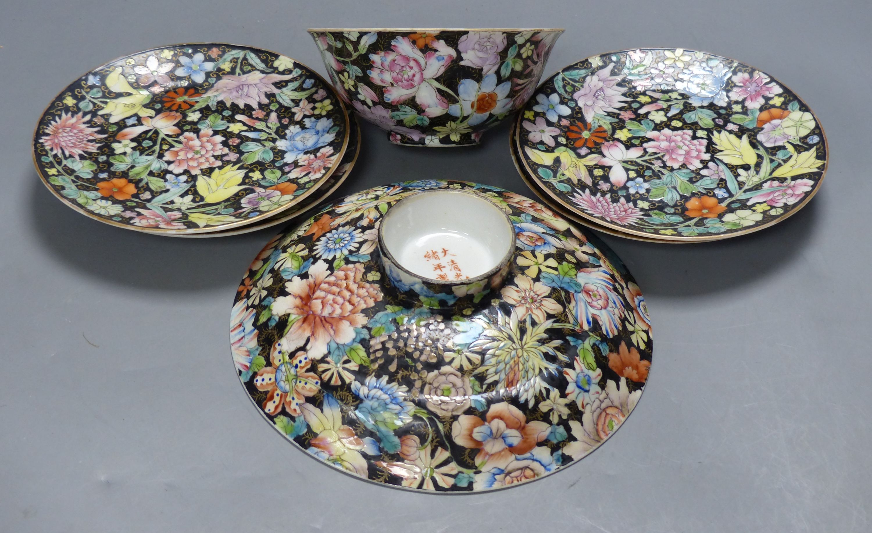A Chinese millefleur bowl, rice bowl, cover and four plates, Guangxu mark, early 20th century